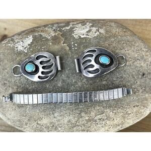 Navajo Sterling Silver Turquoise Bear Paw Watch Tips w/ Band Native American